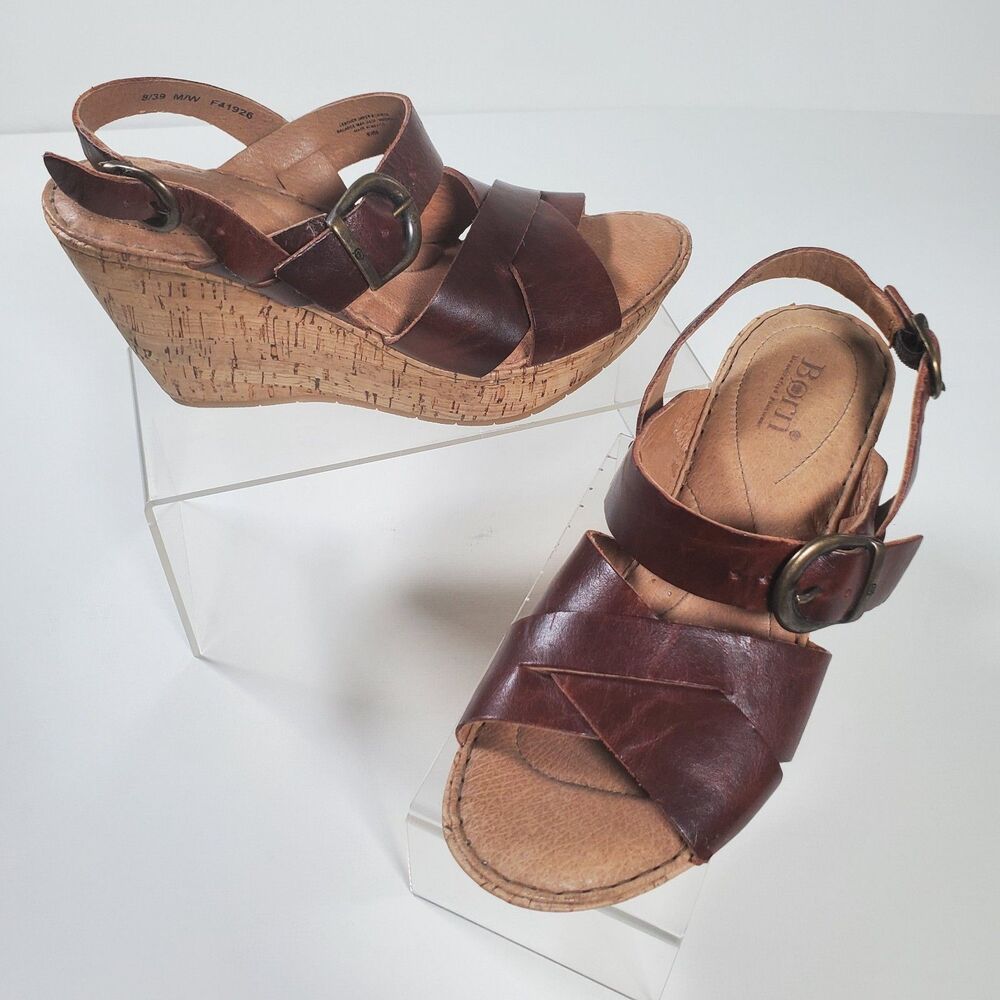 Born Women's Sandals Size 8 Brown Leather Strappy Bohemian 3.5" Wedge Heel
